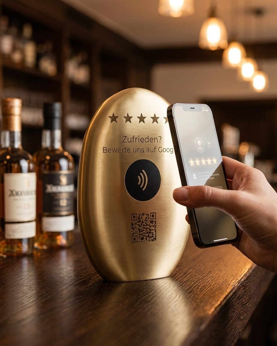 Gast hält das Smartphone an die NFC-Zone der Fünfstern-Stele